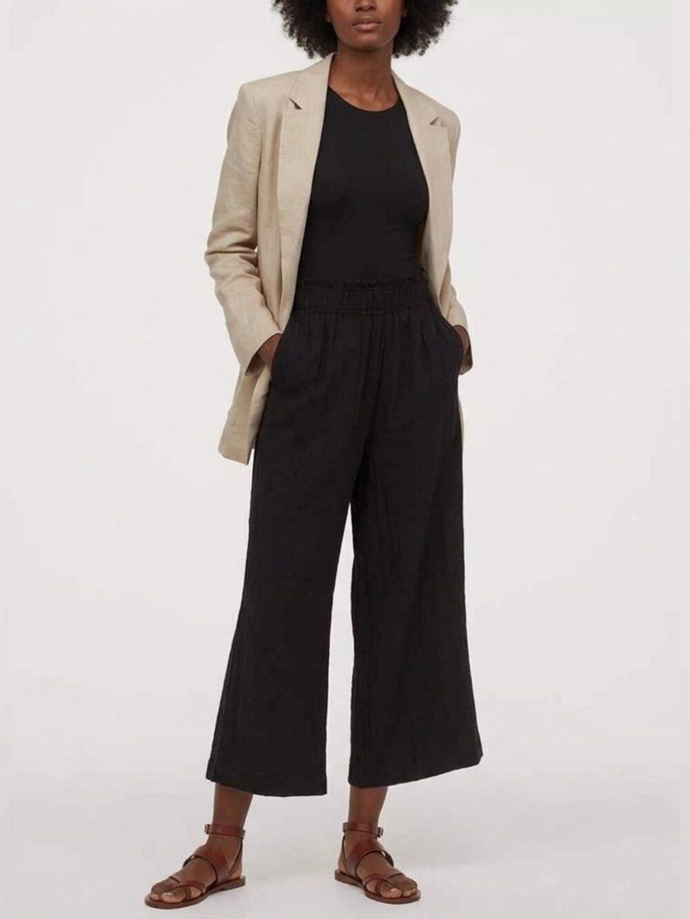 H&M Black Wide Leg Cropped Trousers Elastic Waist Size US 8